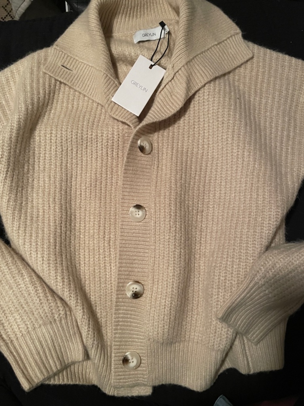 Greylin Cream Ribbed Shawl Collar Cardigan